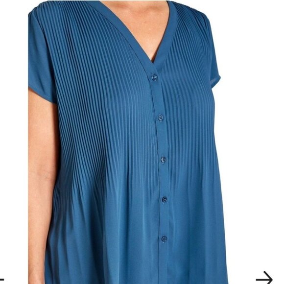 Pleione  Plisse Pleated V-neck Blouse In Slate Blue SP - Picture 5 of 16